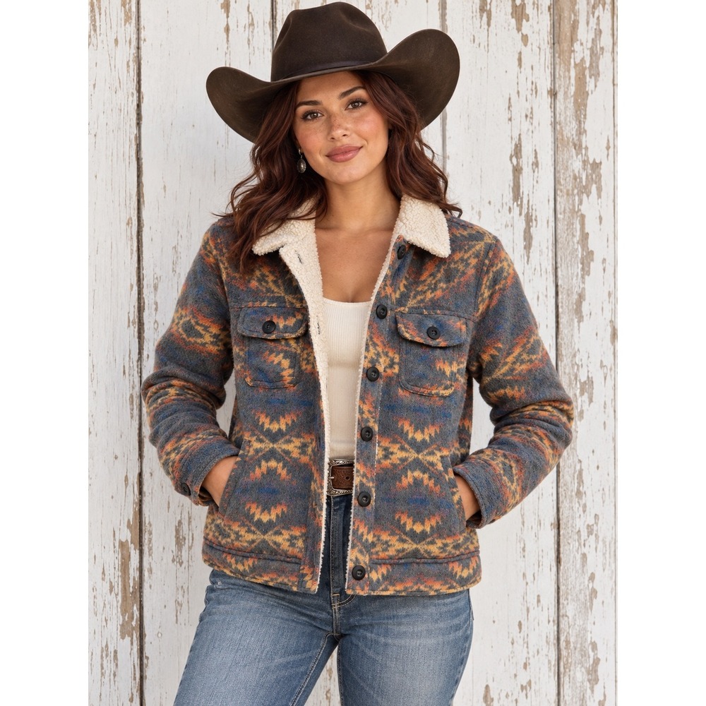 Rock & Roll Denim Fleece Jacket Size M Southwestern Sherpa Lined Aztec Print